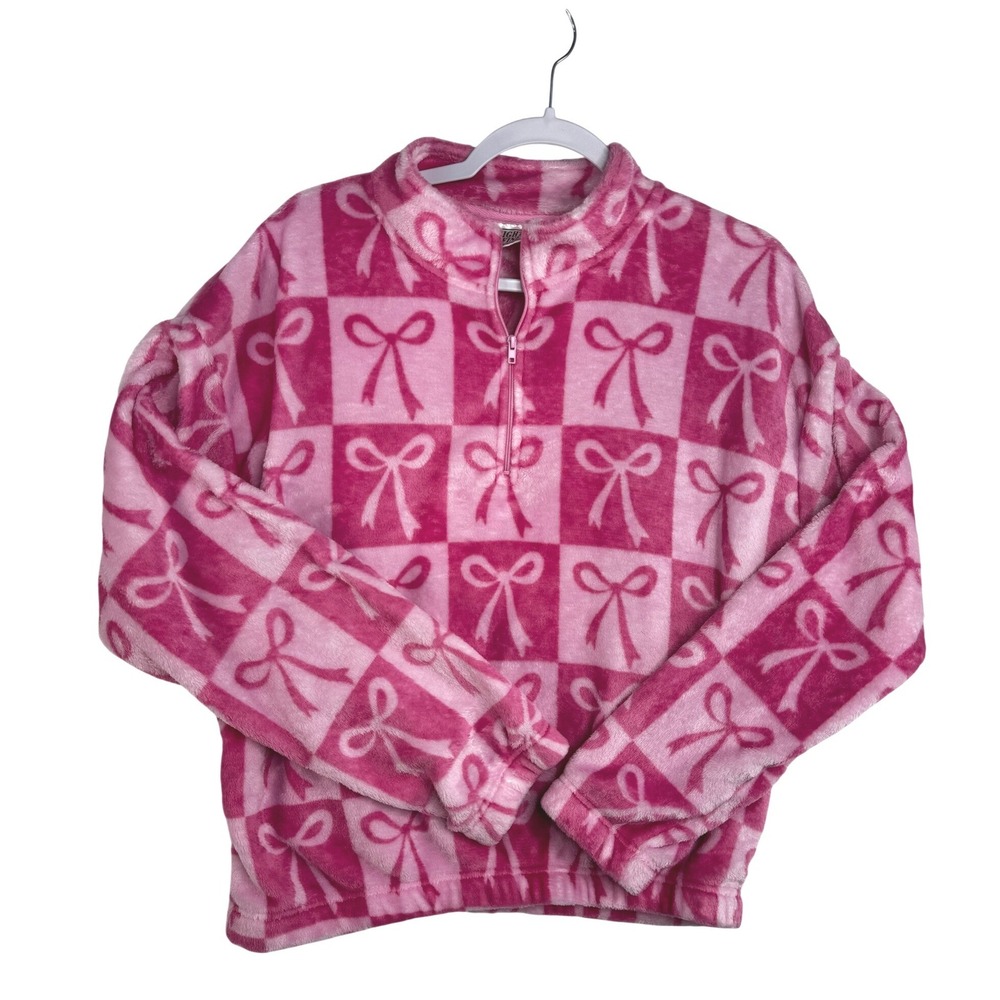 Mighty‎ Fine Pink Checkered Bow Plush Fleece Quarter Zip Pullover Sweater Large